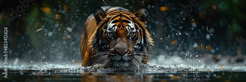 Venturing into dense mangrove swamps of the Sundarbans a Bengal tiger prowls silently through the murky waters its powerful muscles rippling beneath its striped coat as it stalks its prey photo