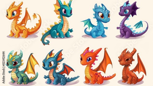 Animated dragon cartoon set with fantasy baby dragons  funny fairytale reptiles  and medieval legend fire breathing serpent.