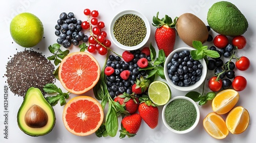 Assortment of fresh fruits  berries  and superfoods on white background.