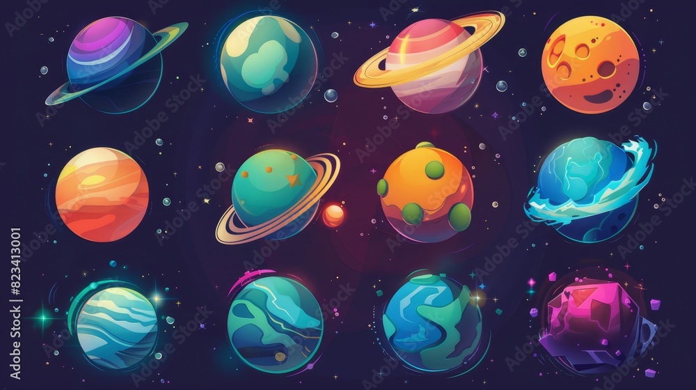 EPS 10 modern set of cartoon planets. Set of colorful isolated objects. Space background. Fantasy planets. EPS 10 modern set of cartoon planets. Set of colorful isolated objects. Space background. Fantasy planets.