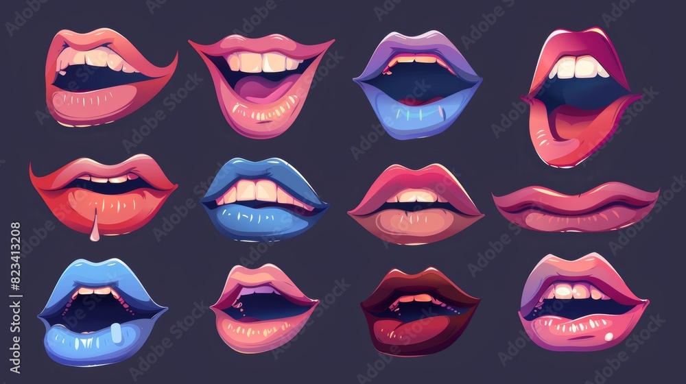 Modern set of talking mouths, lips, and English pronunciation signs for cartoon character animation. Modern set of talking mouths, lips, and English pronunciation signs for cartoon character animation.