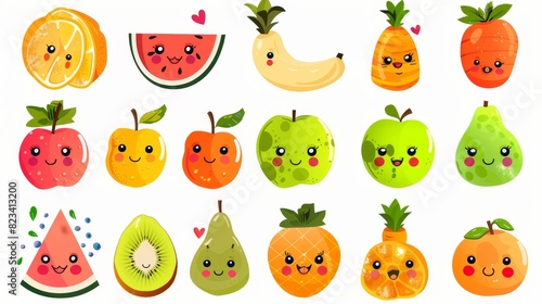 Cute fruit illustrations with a humorous character. Love and hearts. Funny food. Time fresh. Orange  apple  watermelon  kiwi  carrot  pear  pineapple.