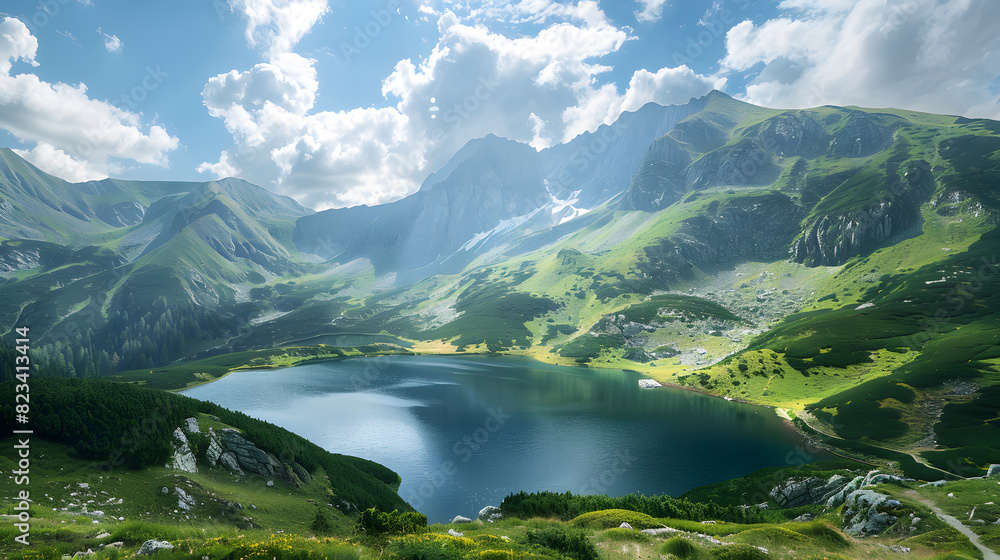 Idyllic view of a tranquil mountain lake surrounded by lush greenery and majestic peaks under a clear blue sky