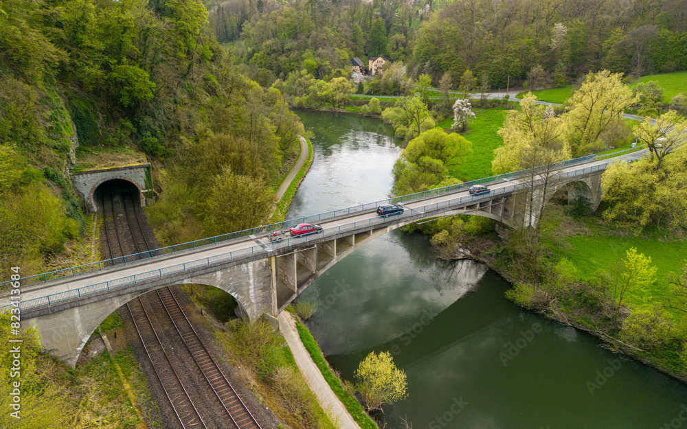 Bridge going over the train tracks and the river Bridge going over the train tracks and the river