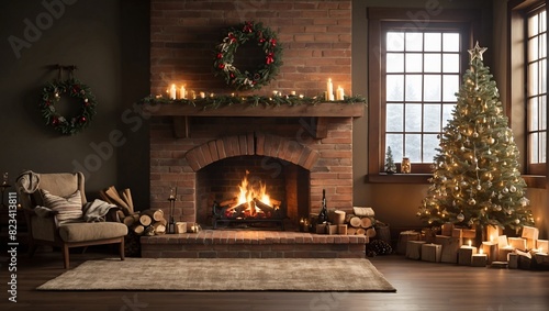 There is a brick fireplace with a fire burning in it. There is a green Christmas tree to the left of the fireplace and a wreath above the mantel. There are logs of wood stacked to the right of the fir photo
