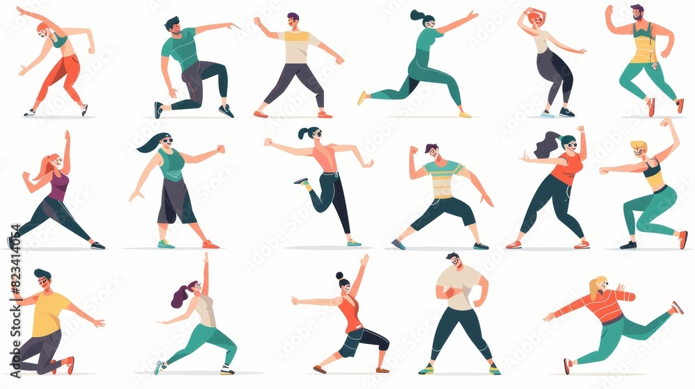 Modern illustration of various sporting activities featuring male and female characters. Sports, yoga, exercises, fitness, stretching, healthy lifestyle, leisure. Flat style. Modern illustration of various sporting activities featuring male and female characters. Sports, yoga, exercises, fitness, stretching, healthy lifestyle, leisure. Flat style.