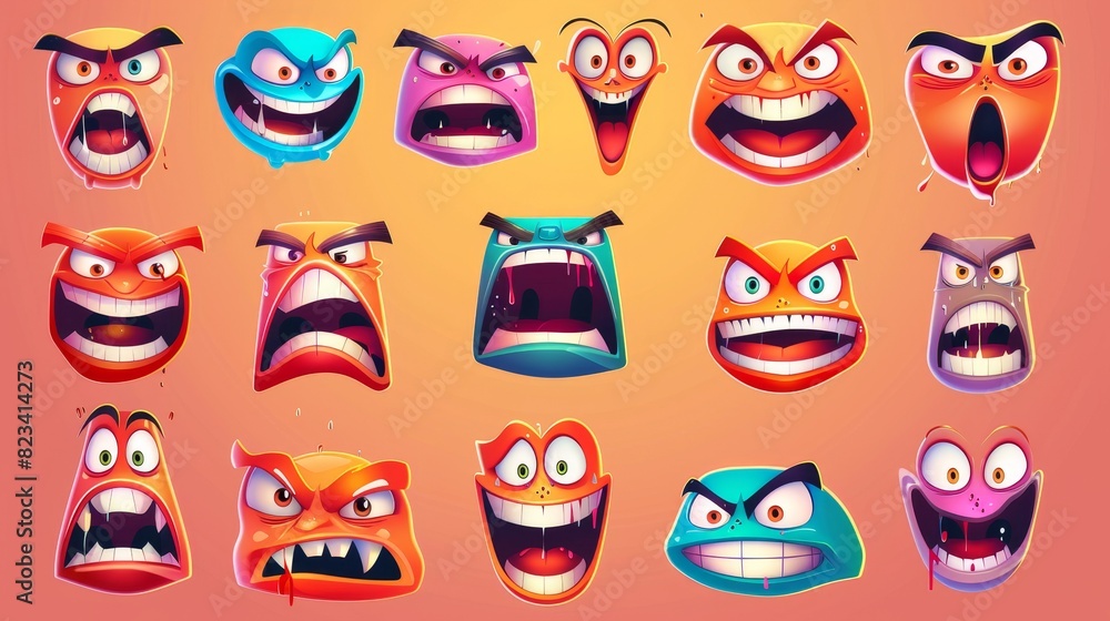 Isolated modern icons of cartoon faces showing emotions such as laughing or yelling, surprise and upset, gloating, laughing or yelling, surprised and shocked. Isolated modern icons of cartoon faces showing emotions such as laughing or yelling, surprise and upset, gloating, laughing or yelling, surprised and shocked.