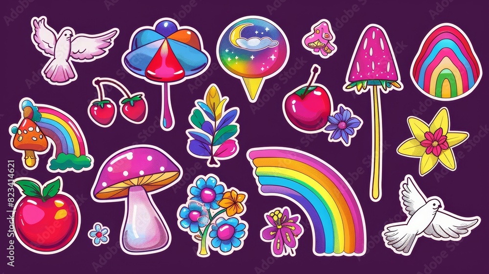 An element modern set with retro 70's hippie stickers, psychedelic groovy elements and mushroom cartoon funky shapes. An element modern set with retro 70's hippie stickers, psychedelic groovy elements and mushroom cartoon funky shapes.