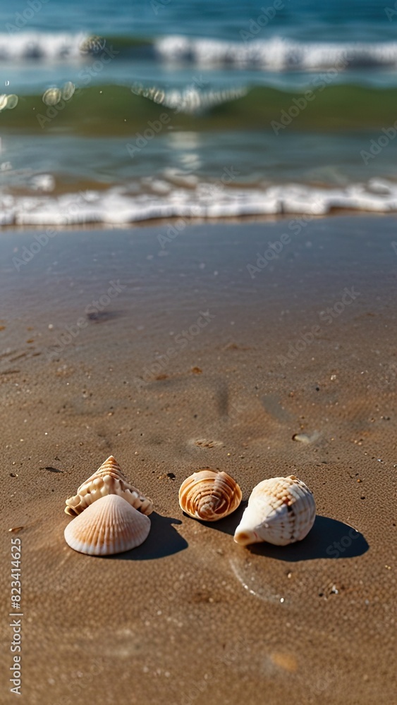Seashells scattered on a sandy beach with swaying palm trees in the background Seashells scattered on a sandy beach with swaying palm trees in the background