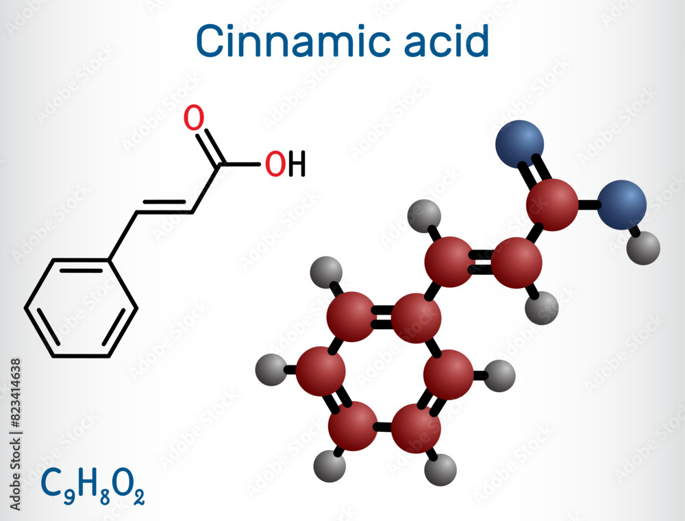 Cinnamic acid molecule. Structural chemical formula and molecule model. Cinnamic acid molecule. Structural chemical formula and molecule model.