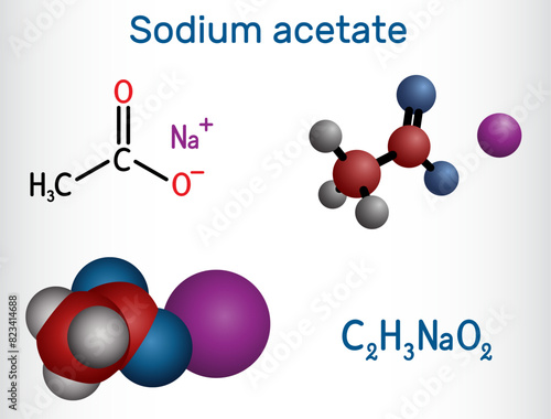 Sodium acetate molecule. It is food additive E262. Structural chemical formula and molecule model.