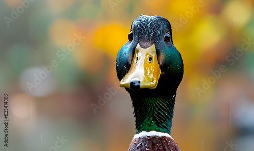 Beautiful posing duck in sunny weather Portia of a duck A closeup of a green duck with a yellow beak in a park with colorful leaves on a blurry background. photo
