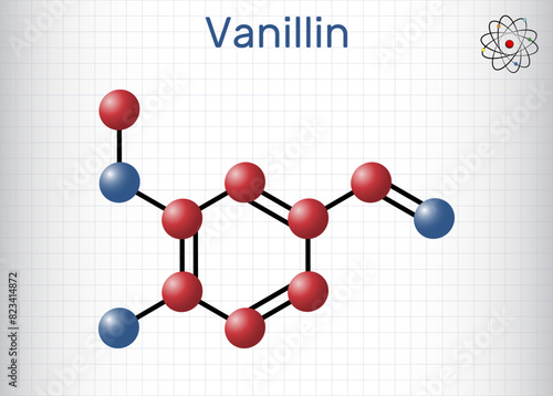 Vanillin molecule. It is flavor compound. Molecule model. Sheet of paper in a cage.