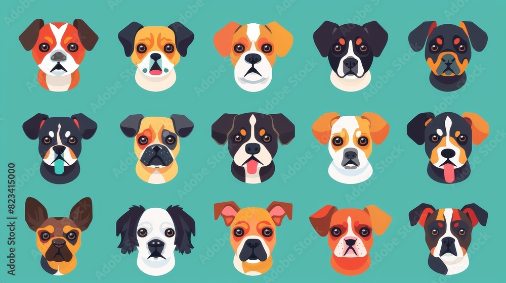 The cartoon set is in a quirky colorful flat illustration style. A collection of cute doggy pet faces for dogs of all kinds, with a variety of domestic pets. The cartoon set is in a quirky colorful flat illustration style. A collection of cute doggy pet faces for dogs of all kinds, with a variety of domestic pets.