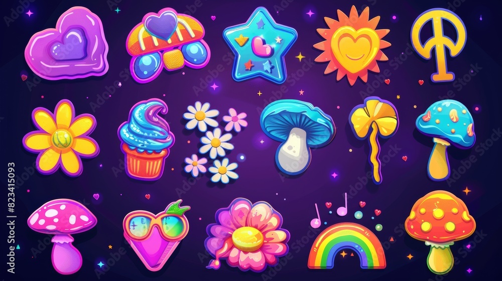 The set includes characters, daisy flowers, ice cream, mushrooms, sunglasses, peace signs, hearts, rainbows, hippie stickers, among other retro elements. The set includes characters, daisy flowers, ice cream, mushrooms, sunglasses, peace signs, hearts, rainbows, hippie stickers, among other retro elements.