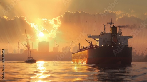 A large cargo ship is anchored in the water during sunset, with vibrant colors reflecting off the sea.