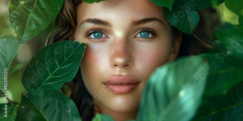 Portrait of a woman with green leaves around her face symbolizing sustainability. Concept Nature Portrait, Sustainable Concept, Green Leaves, Female Model, Environmental Symbolism photo