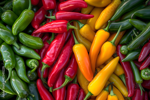 A close-up view of chilies in various vibrant colors seamlessly scattered around