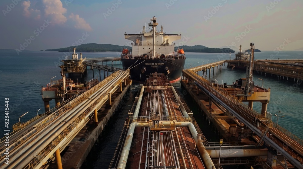 A large oil tanker is docked at a bustling port, engaging in the loading process of oil. A large oil tanker is docked at a bustling port, engaging in the loading process of oil.