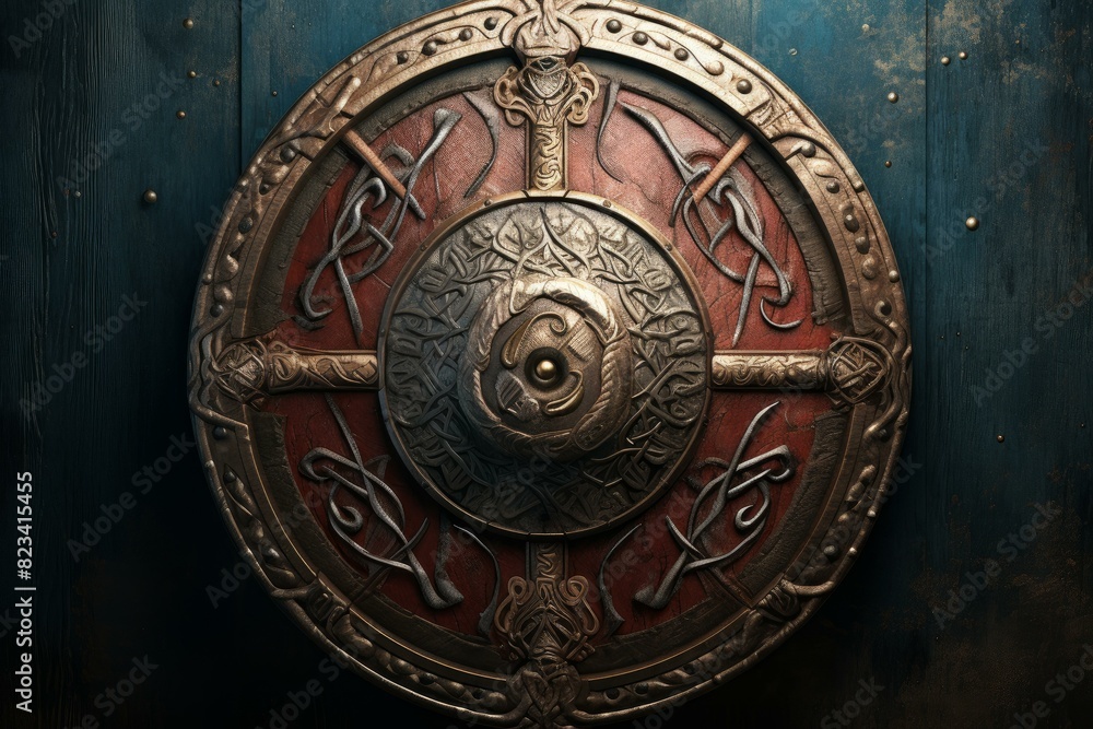 Detailed view of a viking shield with traditional norse patterns against a rustic wooden backdrop Detailed view of a viking shield with traditional norse patterns against a rustic wooden backdrop