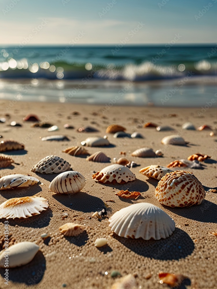Seashells scattered on a sandy beach with swaying palm trees in the background Seashells scattered on a sandy beach with swaying palm trees in the background