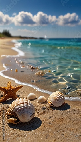 Seashells scattered on a sandy beach with swaying palm trees in the background © Phongphan