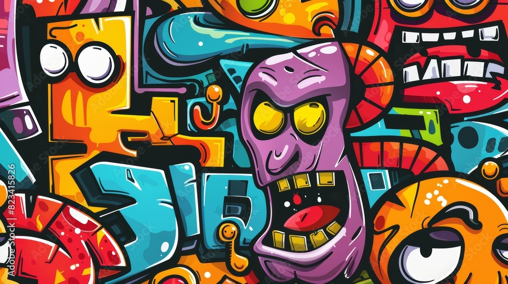Wall graffiti cartoon design, funny face, alien things, Stock AI