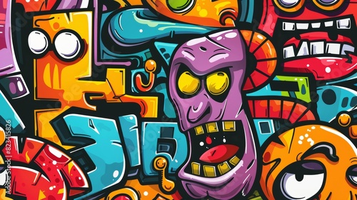 Wall graffiti cartoon design, funny face, alien things, Stock AI