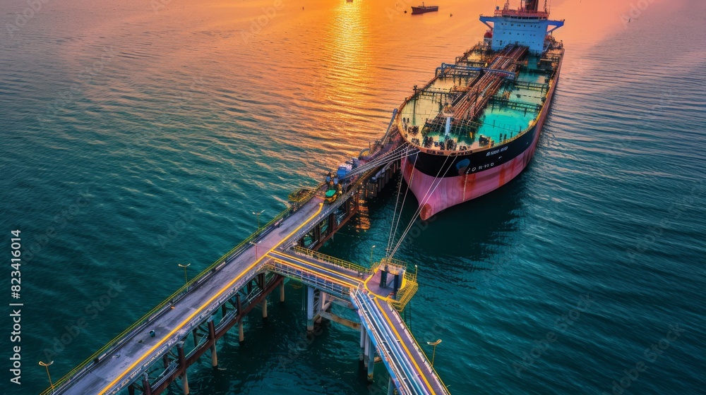 Aerial view of a large oil tanker on the water during sunset, with orange and pink hues in the sky.