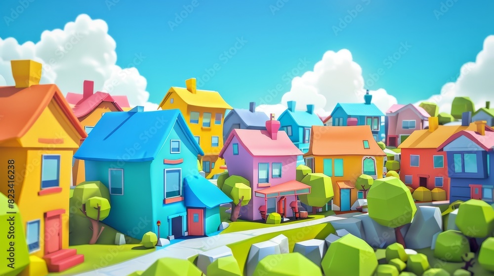 Stock AI cartoon neighborhood with colorful houses