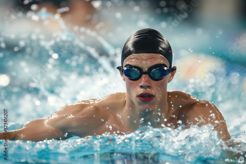 Male athlete focused while swimming in a competition.