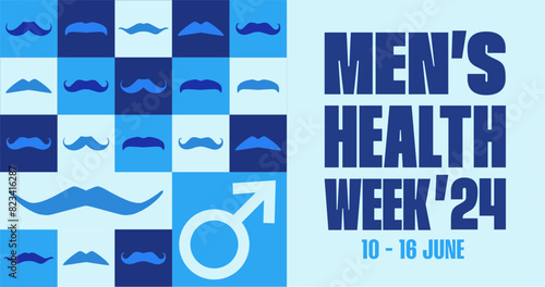 Men's health week 2024 banner with geometric background. Awareness event campaign banner witn mustache and male gender symbol.