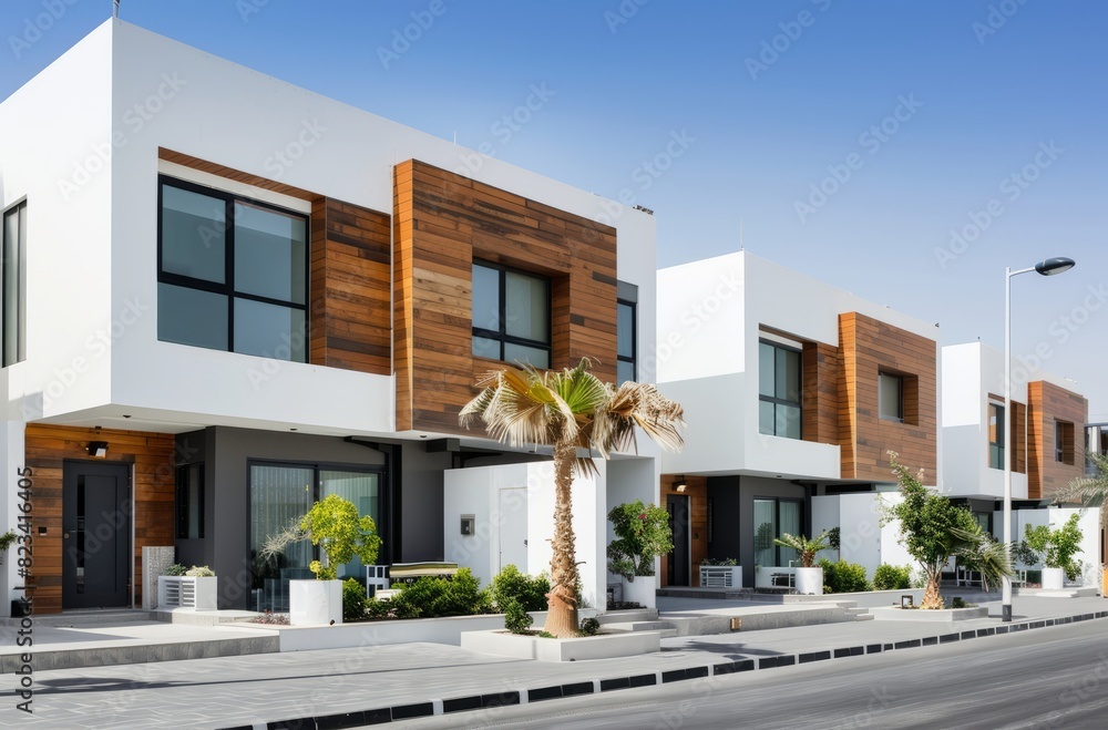 A modern and sleek row of townhouses with white walls, wooden accents, flat roofs, and large windows in Dubai, in the style of a realistic photo. --ar 53:35 Job ID: 32a56197-1f1e-4723-9853-75b817c3feb