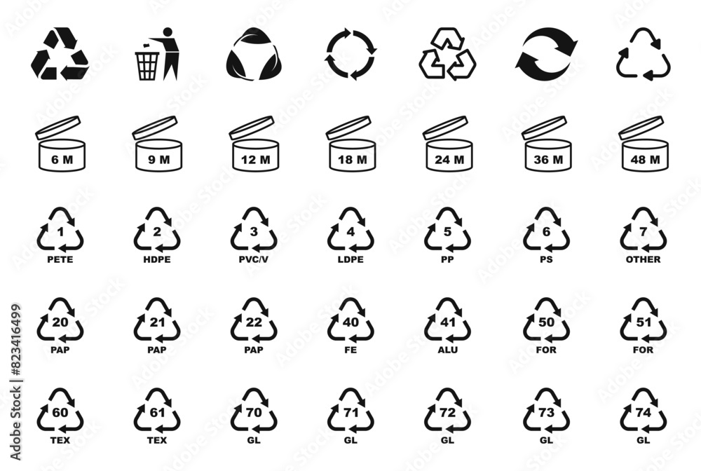 © TMvectorart - Packaging symbol set. Recycling symbols for packaging products. Recycling codes. PAO symbols. Vector illustration. © TMvectorart - Packaging symbol set. Recycling symbols for packaging products. Recycling codes. PAO symbols. Vector illustration.