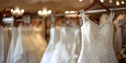 White wedding dresses hanging on hangers in upscale bridal boutique. Concept Bridal boutique, Wedding dresses, White gowns, Upscale shop, Fashion display photo