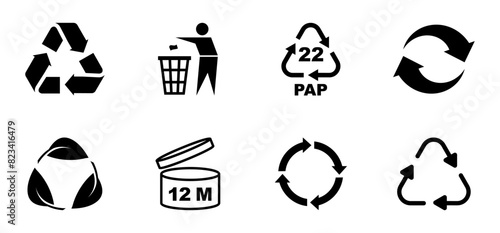 Set of recycle symbols for packaging products. Universal recycling and packing signs. Trash icons. Reuse cycle. Vector eco icons.