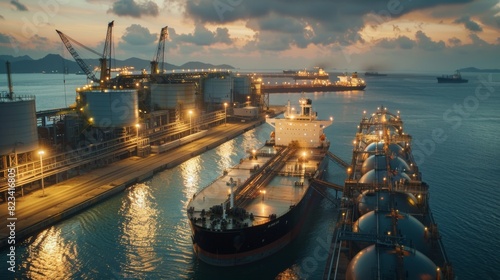 A ship is docked at a port during the evening, with oil being transferred from one vessel to another. photo