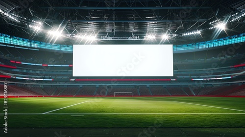 An blank, white,  mock up advertisement billboard in a football stadium with floodlights, football pitch photo