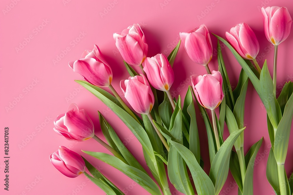 Pink Tulips on Pastel Pink Background, Flat Lay Top View Pink Tulips on Pastel Pink Background, Flat Lay Top View