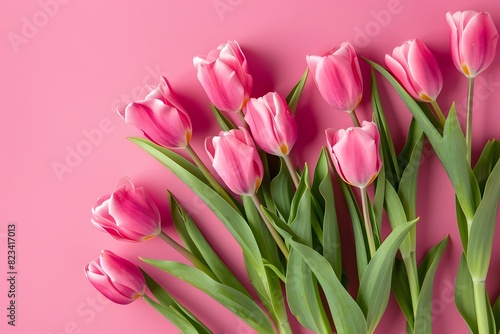Pink Tulips on Pastel Pink Background, Flat Lay Top View © MD