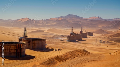 An oil field operation in the desert, with machinery extracting oil surrounded by mountainous terrain in the background. photo