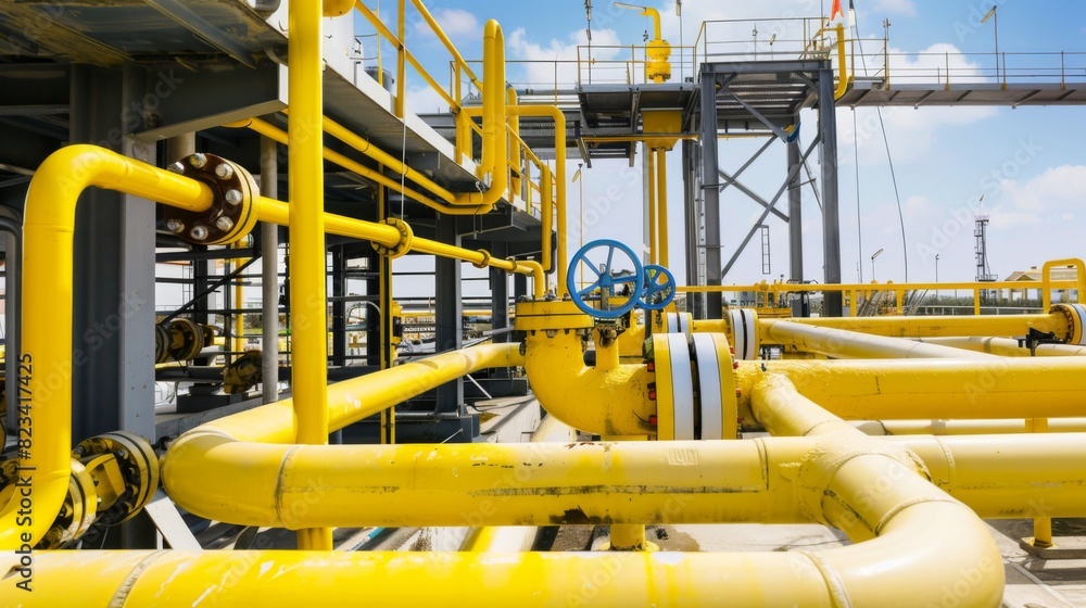 Network of yellow and metal pipes at an oil production facility in an industrial setting. Network of yellow and metal pipes at an oil production facility in an industrial setting.