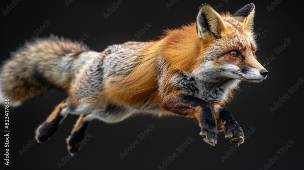 Fototapeta premium Diamond fox caught in mid-air leap, studio lighting backdrop