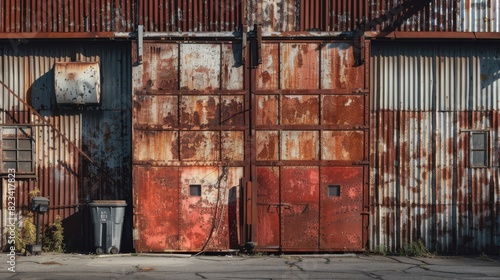 Rusty factory door with vintage industrial architecture photo