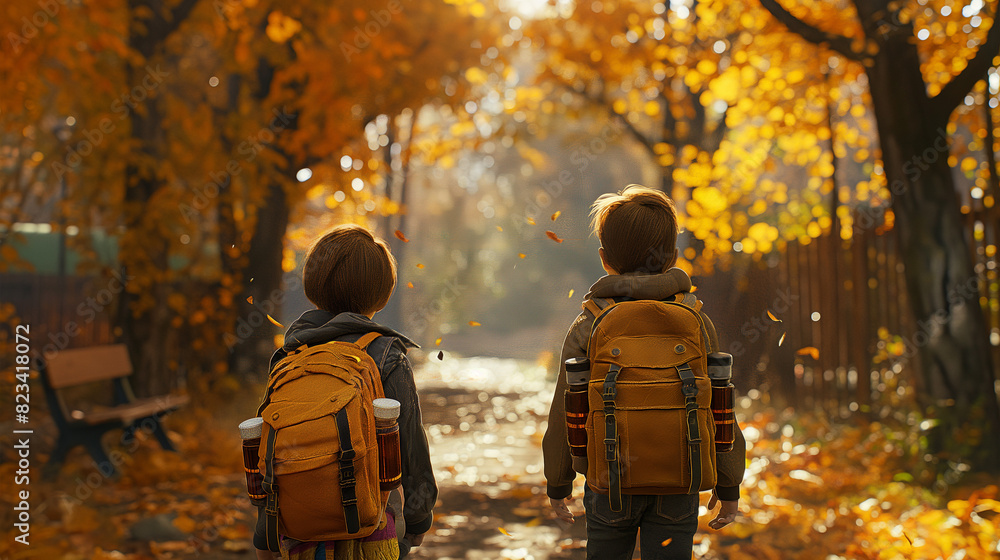 Children Walking to School with Backpacks in Autumn Children Walking to School with Backpacks in Autumn