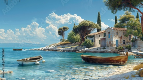 Vintage Digital Illustration of Serene Ancient Greek Coastline