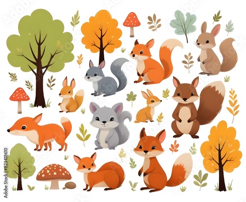 Cute Autumn Woodland Animals and Floral Forest Design Elements. Set of cute autumn cartoon characters  plants and food. Fall season