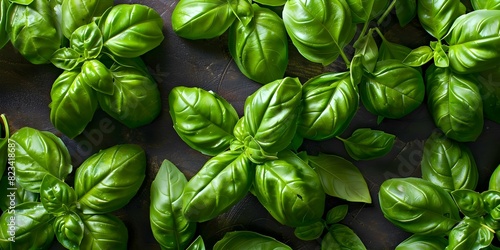 Overhead view of Genovese basil plants also known as sweet basil. Concept Basil Cultivation, Sweet Basil Plants, Herb Gardening, Kitchen Garden, Genovese Basil photo