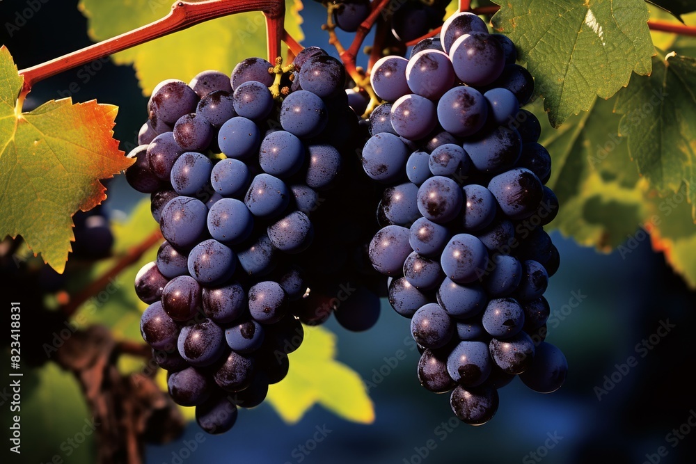 Close-up of juicy blue grapes hanging on a vine in a vineyard, ready for harvest