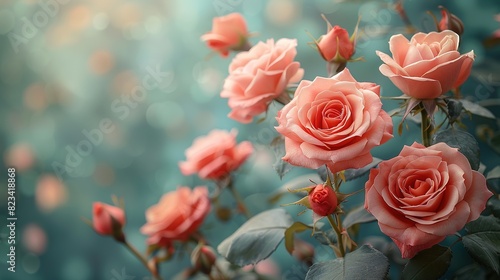 Beautiful pink roses flower border on soft background for valentine or wedding card in pastel tone free text Copy Space